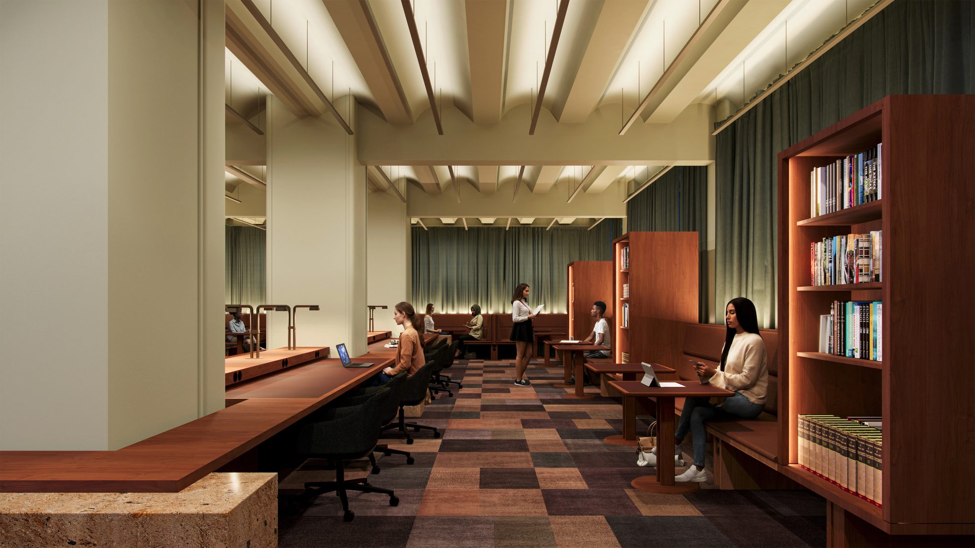 Computer‑generated university library with wooden desks, bookshelves, warm lighting, high ceilings, and students studying on laptops. Designed to showcase a contemporary, collaborative academic environment.