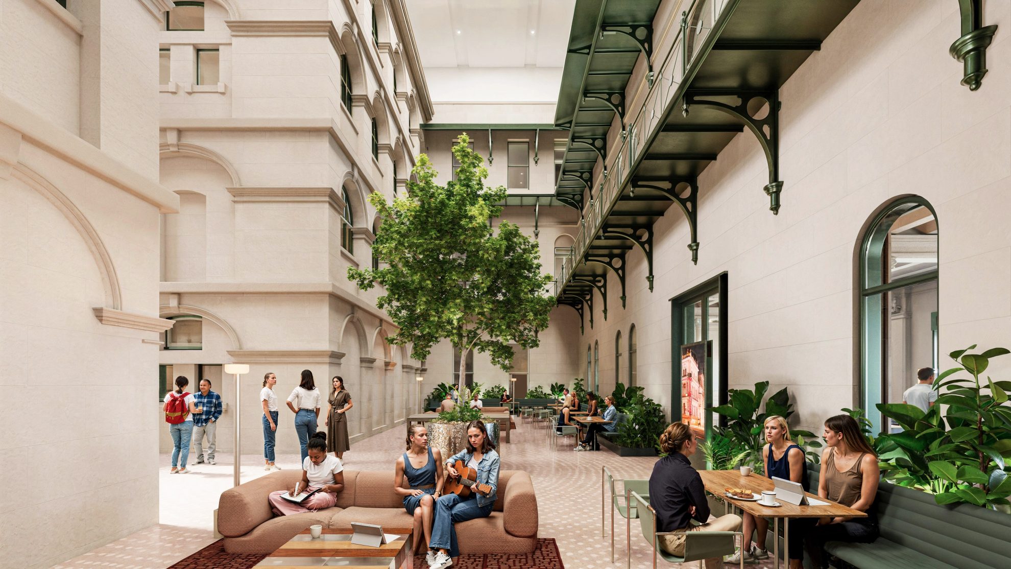 CGI atrium with tall stone walls, arched windows, skylights, modern seating, indoor greenery, and students socialising. Blends historic architectural detailing with contemporary communal study and gathering spaces.