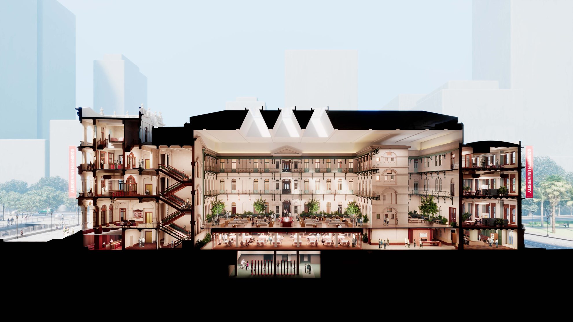 Architectural cross‑section render of a multi‑storey university building featuring heritage facades, modern learning spaces, open atriums, internal staircases, and communal study areas. Showcases adaptive reuse of historic architecture for contemporary education.