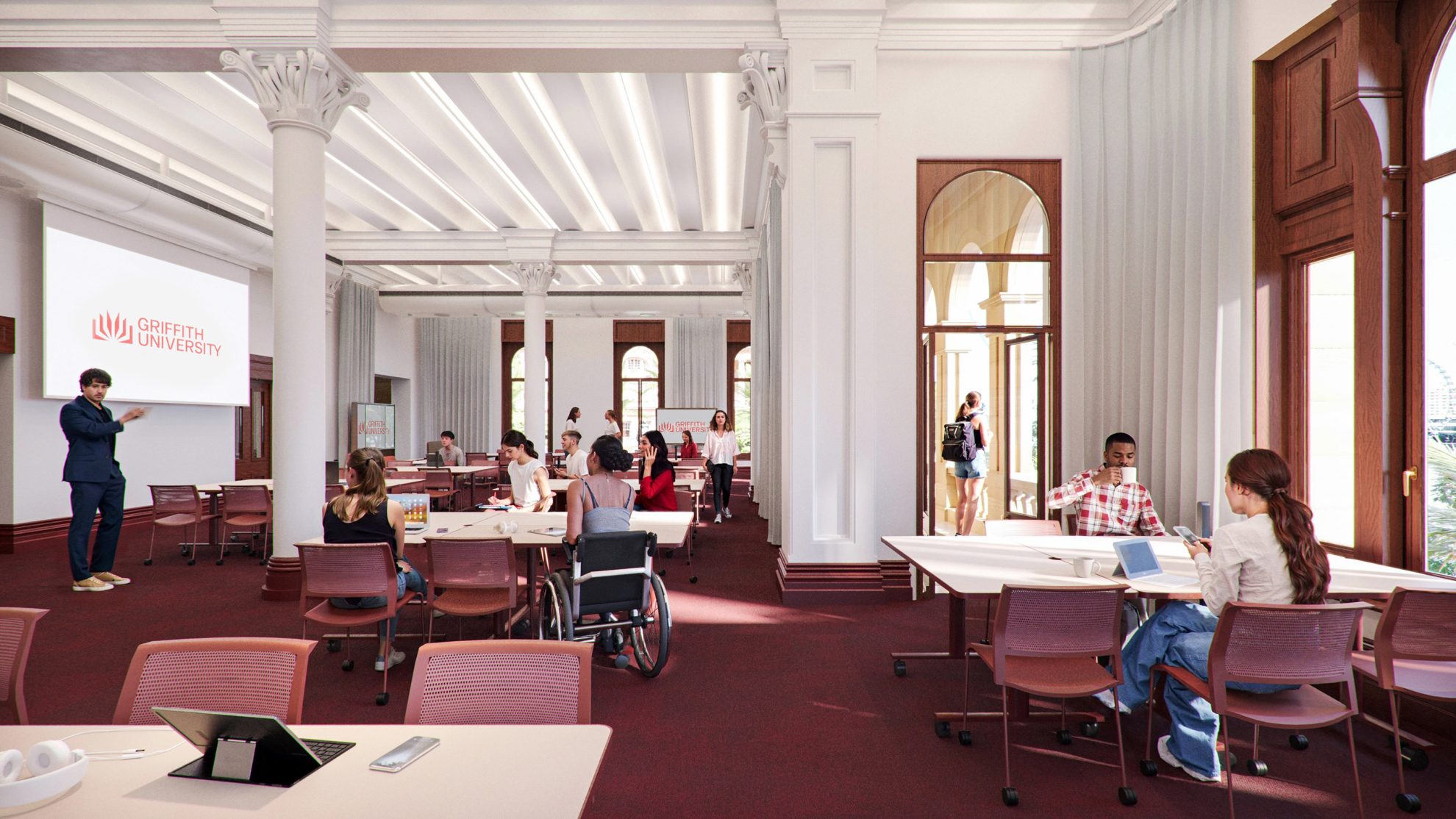 CGI classroom featuring high ceilings, arched windows, group tables, and students engaged in collaborative learning. Includes a presenter at the front with a digital display showing the university logo.