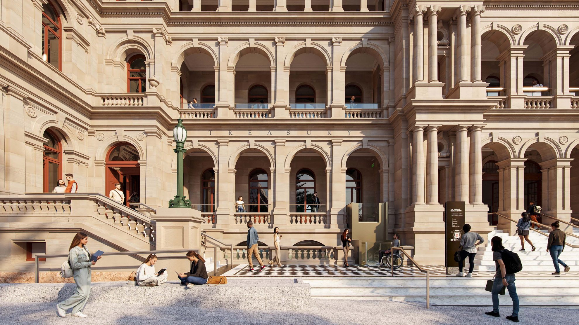 Exterior render of a neoclassical university building with arched windows, stone columns, and an accessible entrance. Shows students and visitors interacting around the historic campus environment.