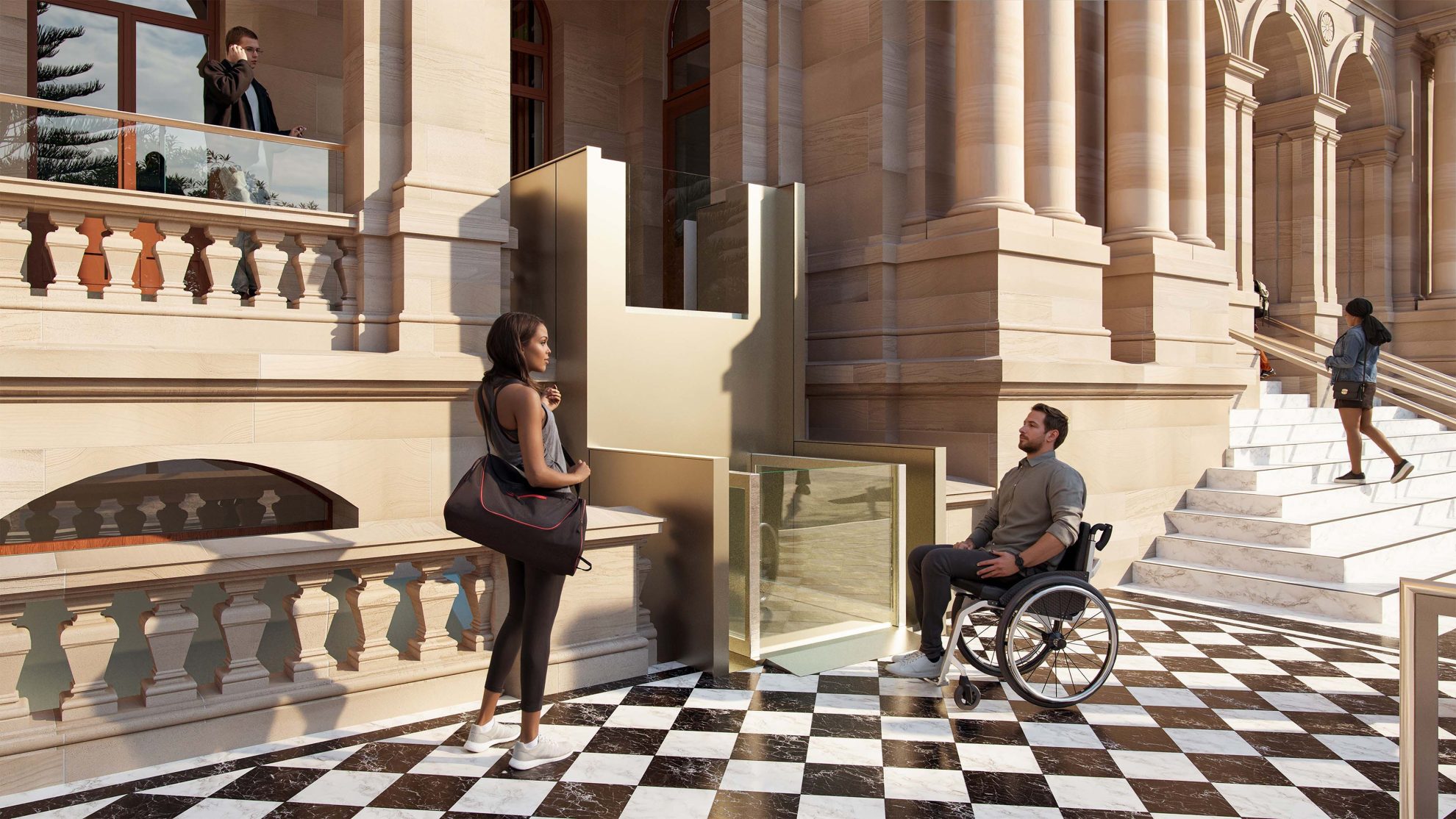 Computer‑generated scene of an accessibility lift integrated into a classical university building with stone columns and checkered flooring. Depicts inclusive campus design supporting wheelchair access.