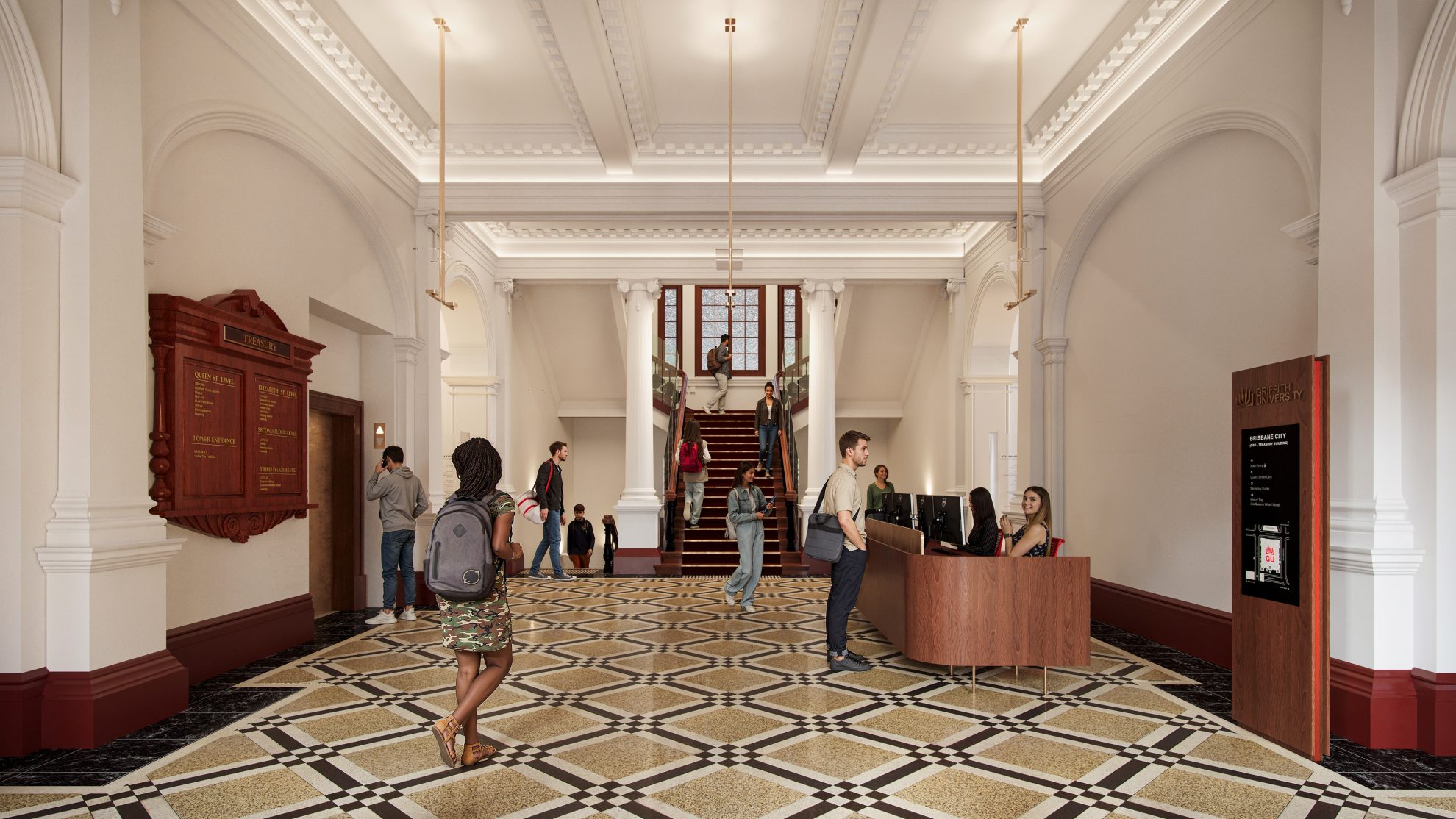 Computer‑generated interior of a grand staircase in a classical university building, featuring white columns, ornate capitals, geometric tiled flooring, and students moving through the space. Highlights refined heritage architecture adapted for contemporary campus use.